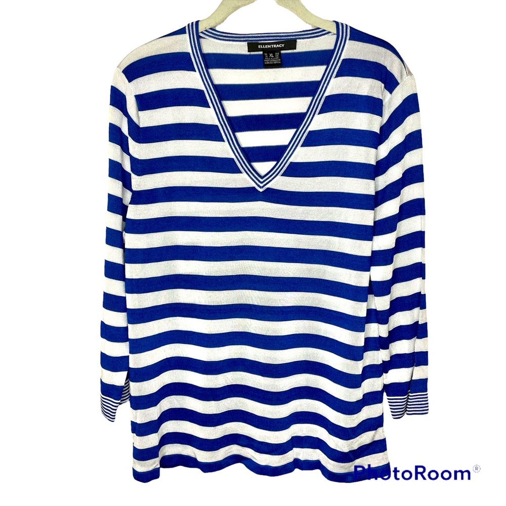 Ellen Tracy Blue White Stripe Silk Blend V-Neck Sweater‎ XL